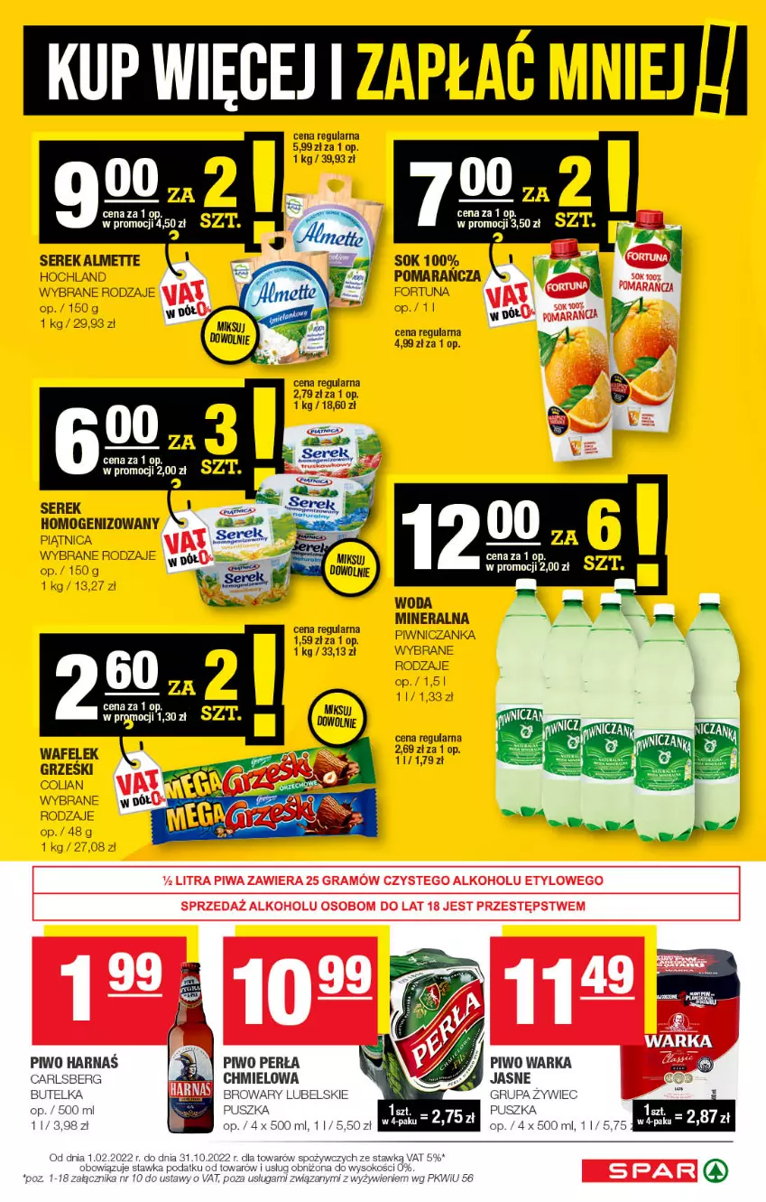 Gazetka promocyjna Spar - Spar - ważna 28.08 do 07.09.2022 - strona 11 - produkty: Almette, Carlsberg, Fortuna, Hochland, Perła, Piątnica, Piwo, Ser, Serek, Sok, Wafelek, Warka