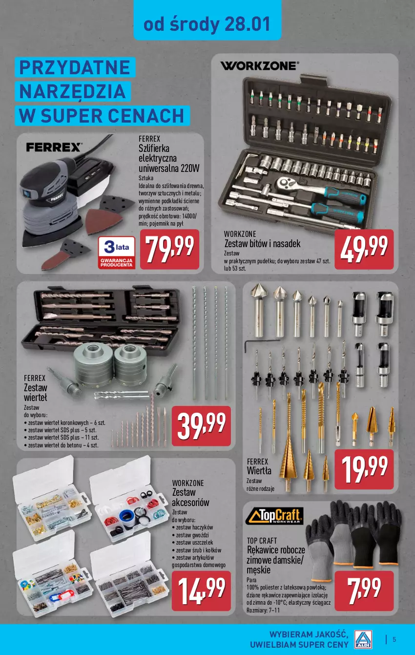 Gazetka promocyjna Aldi - Artykuły przemysłowe i tekstylia - ważna 28.01 do 31.01.2026 - strona 5 - produkty: Haczyk, Podkład, Pojemnik, Rękawice, Rękawice robocze, Szlifierka, Top, Zestaw wierteł