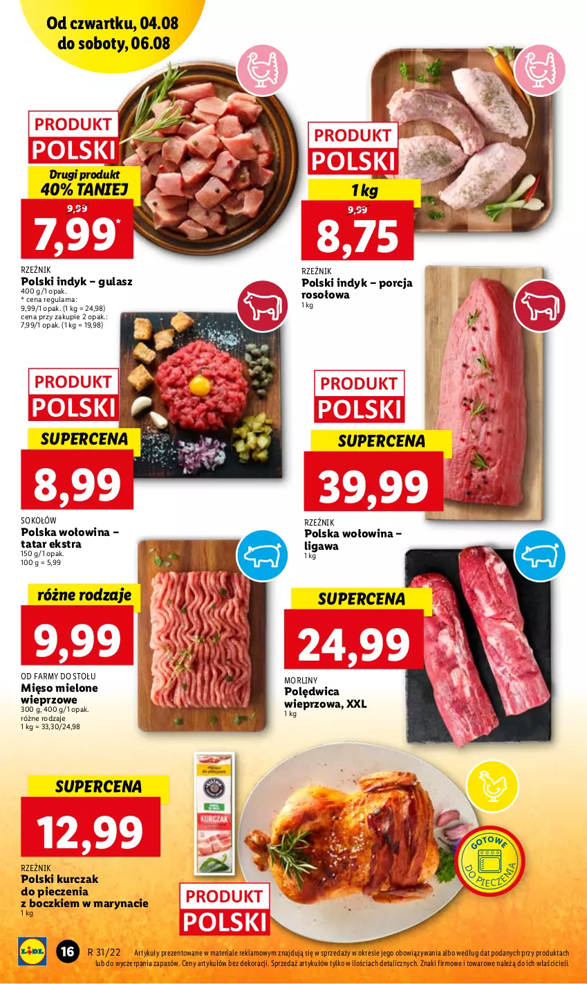 Gazetka promocyjna Lidl - GAZETKA - ważna 04.08 do 06.08.2022 - strona 16 - produkty: Fa, Kurczak, Mięso, Mięso mielone, Morliny, Piec, Polędwica, Por, Sok, Sokołów, Wołowina