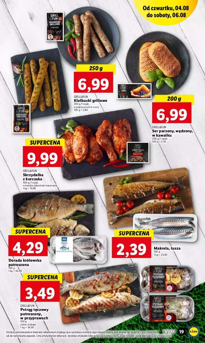 Gazetka promocyjna Lidl - GAZETKA - ważna 04.08 do 06.08.2022 - strona 19 - produkty: Grill, Kawa, Kurczak, Pstrąg, Pstrąg tęczowy, Ser, Skrzydełka z kurczaka, Tusz