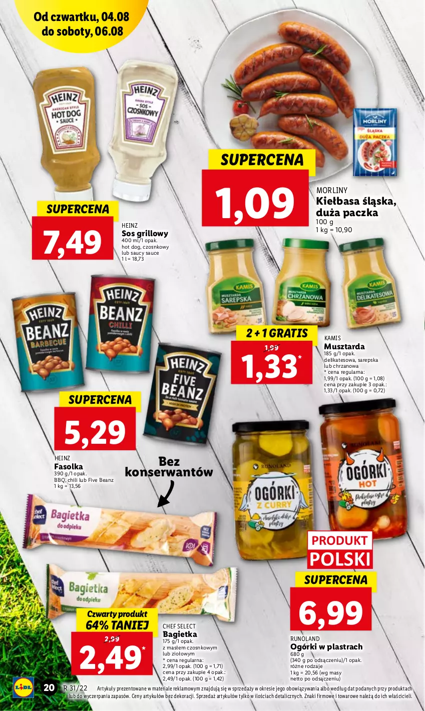 Gazetka promocyjna Lidl - GAZETKA - ważna 04.08 do 06.08.2022 - strona 20 - produkty: Bagietka, Chrzan, Fa, Gra, Grill, Heinz, Hot dog, Kamis, Kiełbasa, Kiełbasa śląska, Morliny, Mus, Musztarda, Runoland, Ser, Sos