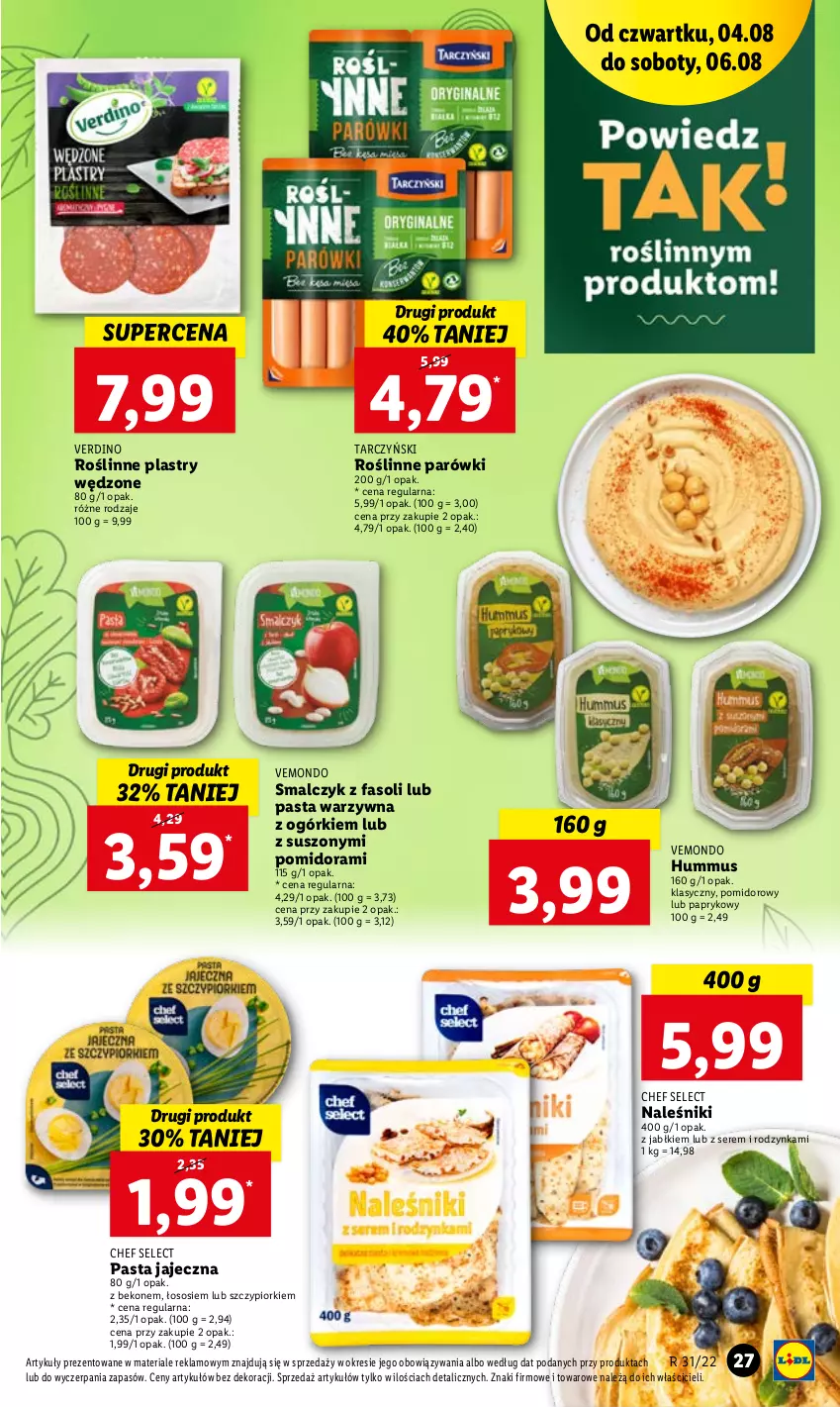 Gazetka promocyjna Lidl - GAZETKA - ważna 04.08 do 06.08.2022 - strona 27 - produkty: Beko, Fa, Hummus, Mus, Naleśniki, Parówki, Pasta warzywna, Ser, Sos, Tarczyński