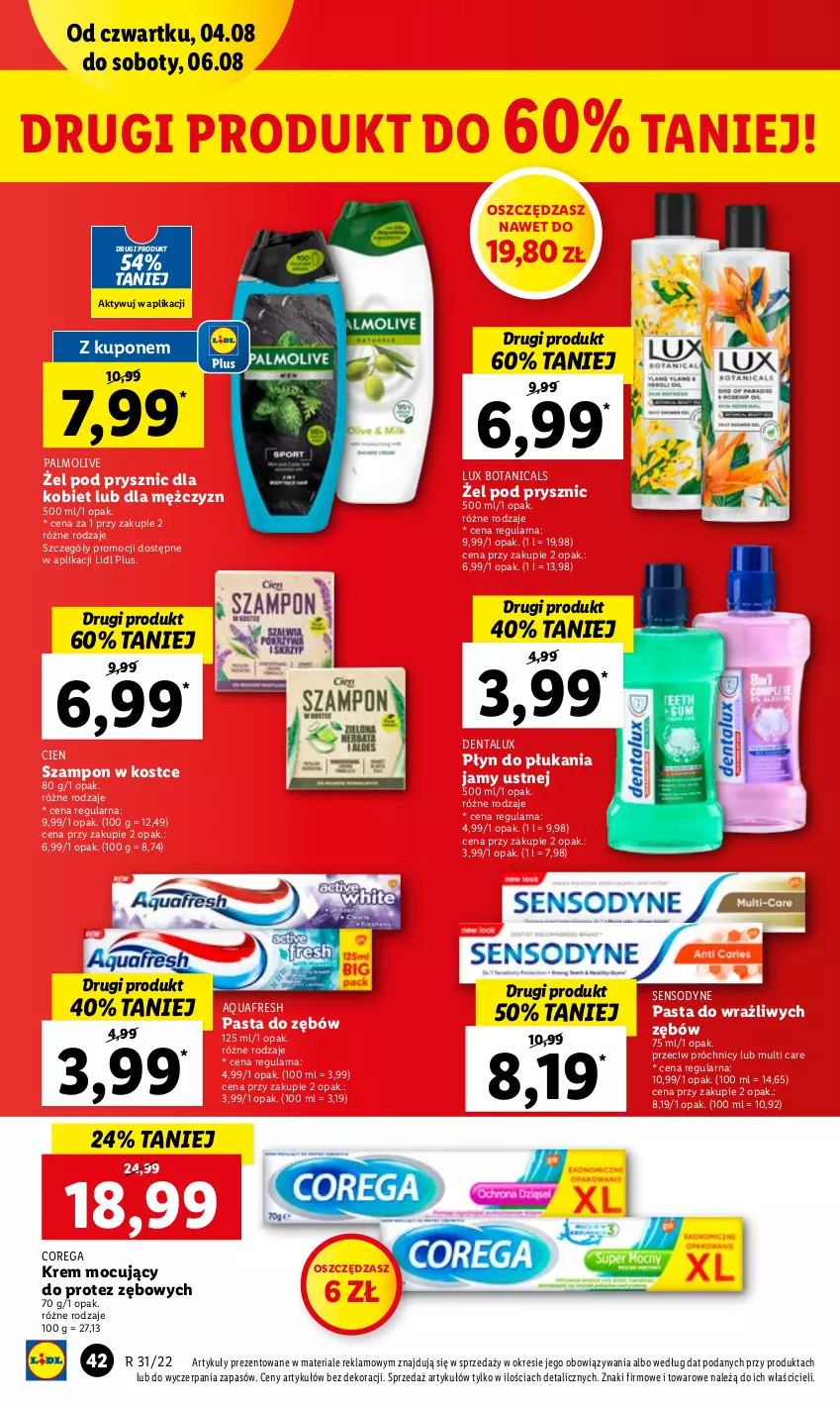 Gazetka promocyjna Lidl - GAZETKA - ważna 04.08 do 06.08.2022 - strona 42 - produkty: Aquafresh, Corega, Palmolive, Pasta do zębów, Płyn do płukania, Płyn do płukania jamy ustnej, Sensodyne, Szampon