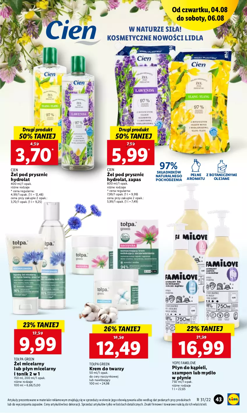 Gazetka promocyjna Lidl - GAZETKA - ważna 04.08 do 06.08.2022 - strona 43 - produkty: Fa, Hydrolat, Krem do twarzy, Mydło, Mydło w płynie, Olej, Płyn do kąpieli, Płyn micelarny, Szampon, Tołpa, Tonik, Yope