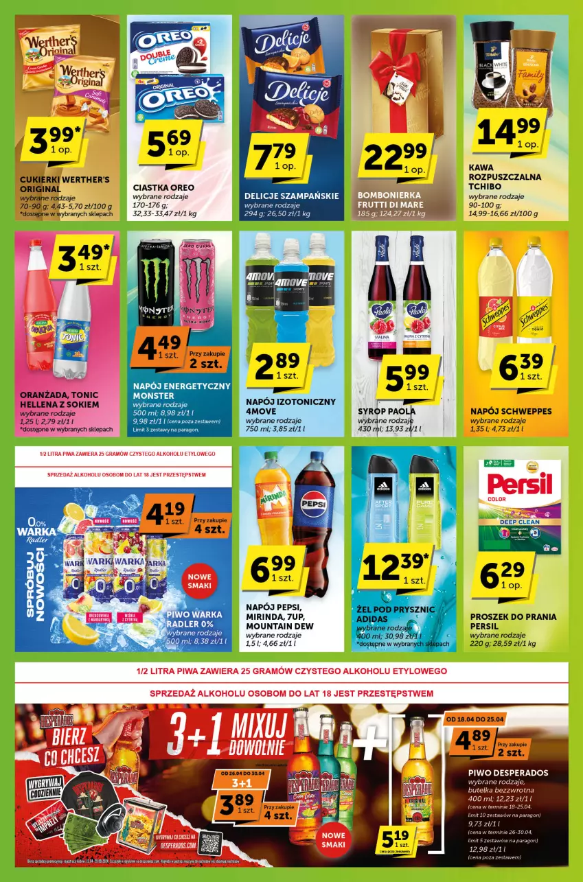 Gazetka promocyjna ABC - ważna 18.04 do 30.04.2024 - strona 3 - produkty: 7up, Adidas, Ciastka, Delicje, Desperados, Gra, Gry, Mirinda, Napój, Napój energetyczny, Oreo, Pepsi, Persil, Piwa, Piwo, Proszek do prania, Schweppes, Syrop, Tchibo