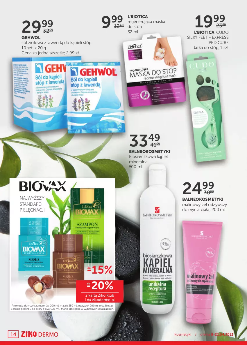 Gazetka promocyjna Ziko - 8-21 KWIETNIA - ważna 08.04 do 21.04.2021 - strona 14 - produkty: Biovax, Gehwol, Maska, Maska do stóp, Peeling, Regenerująca maska, Sól, Szampon, Tarka, Tarka do stóp