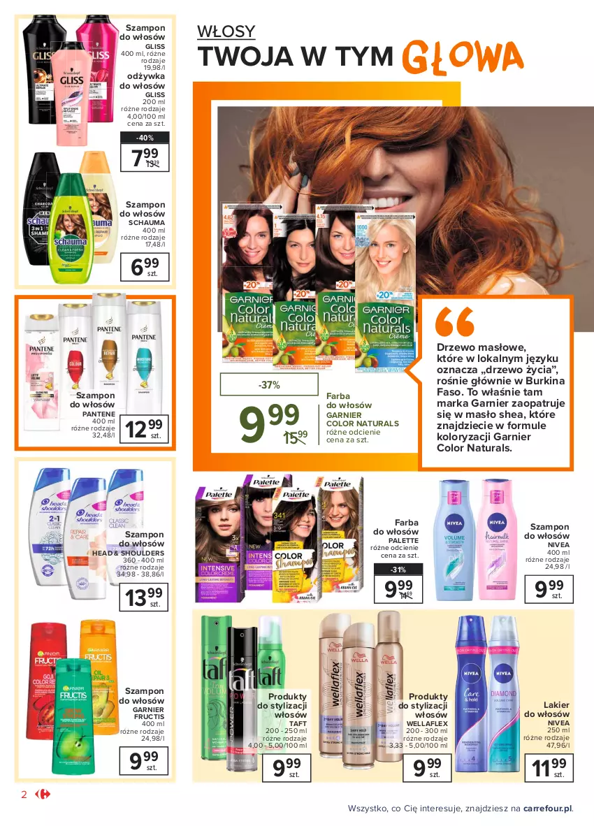 Gazetka promocyjna Carrefour - Gazetka Piękny duet - ważna 01.03 do 13.03.2021 - strona 2 - produkty: Dzieci, Fa, Farba do włosów, Fructis, Garnier, Lakier, Lakier do włosów, Masło, Mule, Nivea, Odżywka, Palette, Pantene, Schauma, Szampon, Taft, Wella, Wellaflex