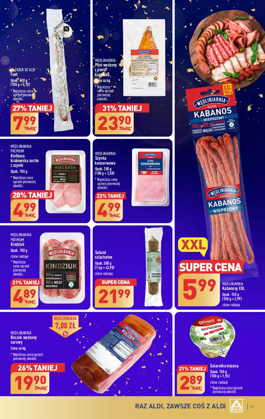 Gazetka promocyjna Aldi - Pełna oferta - ważna 27.12 do 30.12.2023 - strona 11 - produkty: Boczek, Gala, Galaretka, Kabanos, Kiełbasa, Kiełbasa krakowska, Kindziuk, Kurczak, Salami, Ser, Szynka, Szynka konserwowa