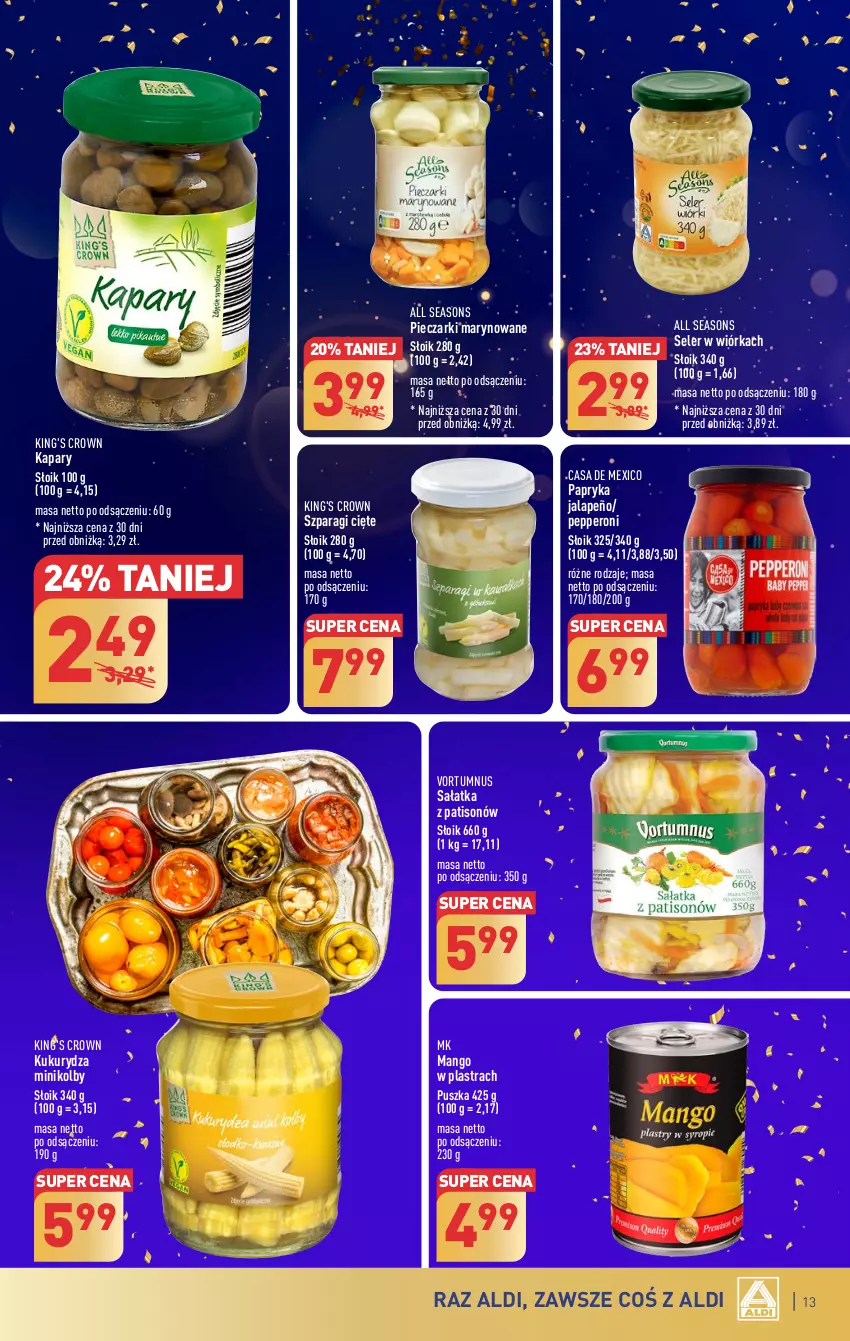 Gazetka promocyjna Aldi - Pełna oferta - ważna 27.12 do 30.12.2023 - strona 13 - produkty: All Seasons, Kapary, Kukurydza, Mango, Papryka, Papryka jalapeño, Piec, Sałat, Sałatka