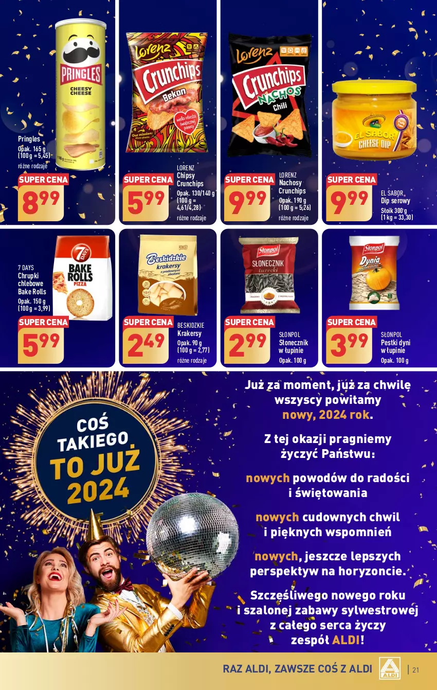 Gazetka promocyjna Aldi - Pełna oferta - ważna 27.12 do 30.12.2023 - strona 21 - produkty: 7 Days, Bake Rolls, Beskidzki, Chipsy, Chleb, Chrupki, Chrupki chlebowe, Crunchips, Krakersy, Lorenz, Pestki dyni, Pringles, Ser, Słonpol, Szal