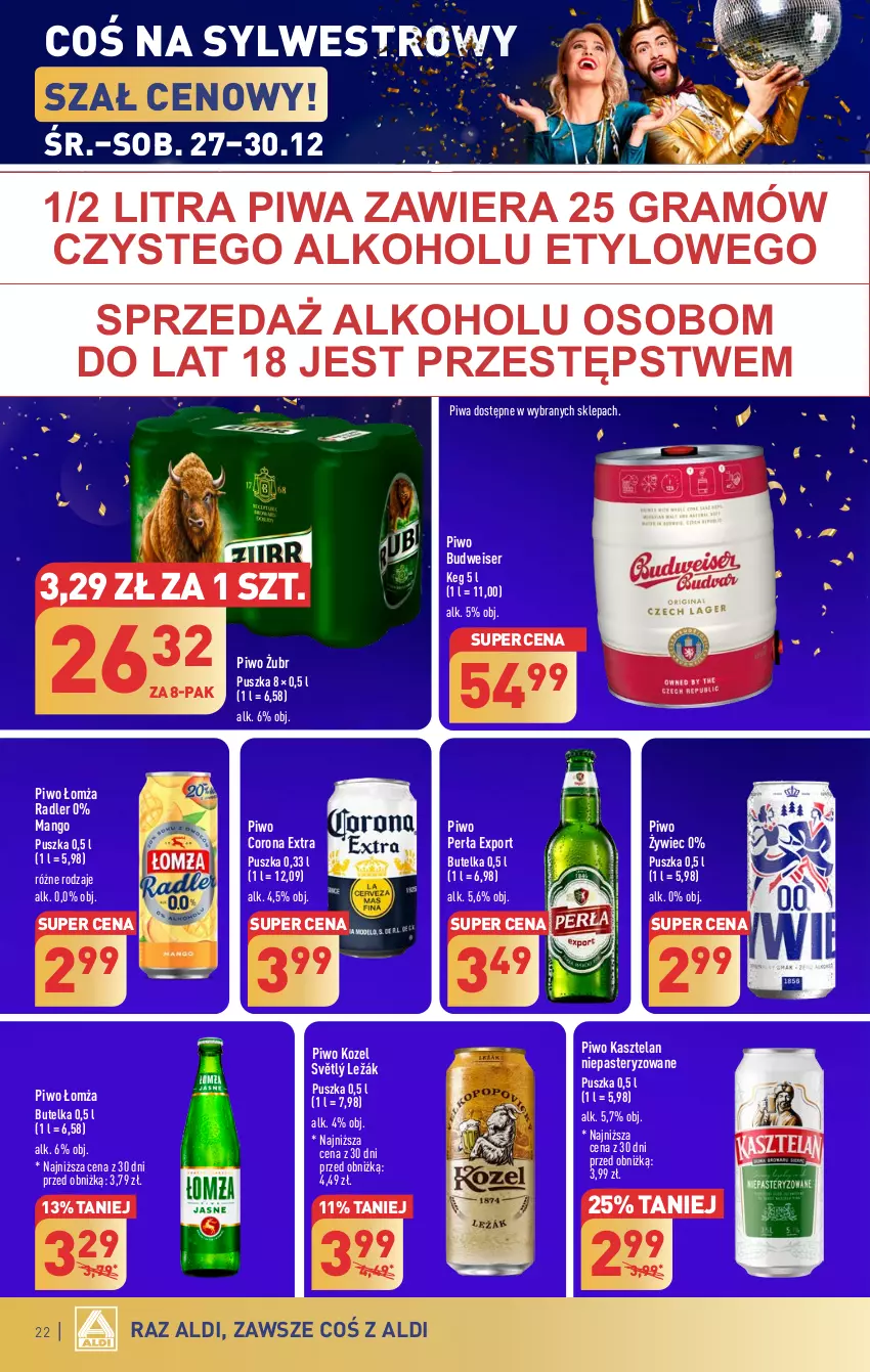 Gazetka promocyjna Aldi - Pełna oferta - ważna 27.12 do 30.12.2023 - strona 22 - produkty: Corona Extra, Gra, Kasztelan, Kozel, Mango, Perła, Piwa, Piwo, Por, Radler, Ser