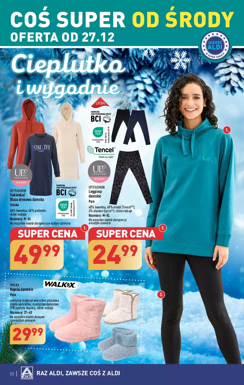 Gazetka promocyjna Aldi - Pełna oferta - ważna 27.12 do 30.12.2023 - strona 32 - produkty: Bluza, Bluza dresowa, Dres, Fa, Gin, Kapcie, Legginsy, Moda, Sukienka, Wełna