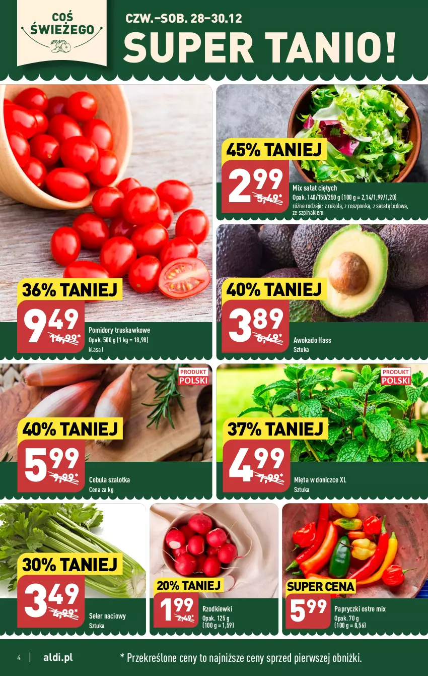 Gazetka promocyjna Aldi - Pełna oferta - ważna 27.12 do 30.12.2023 - strona 4 - produkty: Cebula, Cebula szalotka, Mięta, Pomidory, Sałat, Seler naciowy, Szal, Szpinak