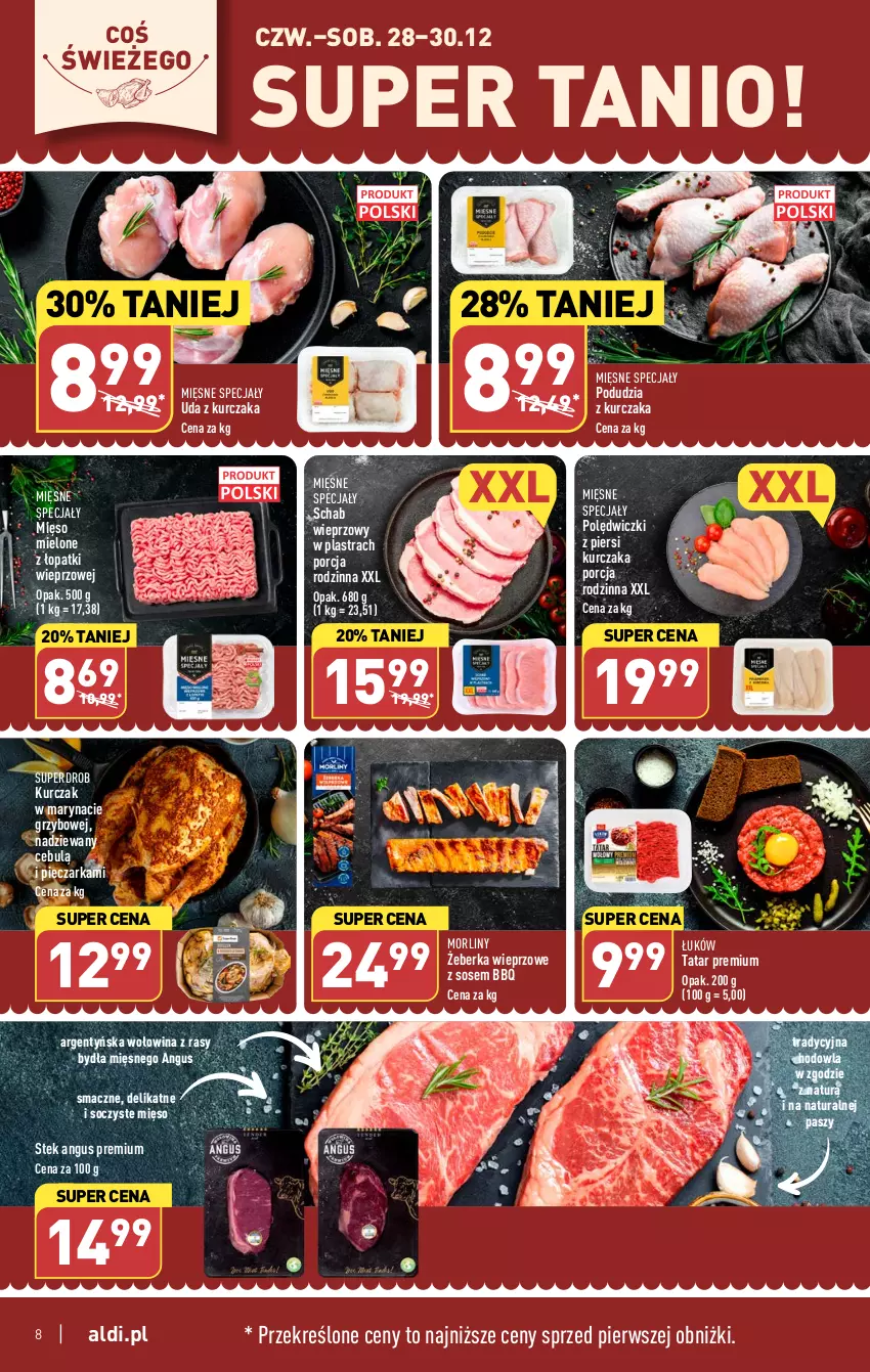 Gazetka promocyjna Aldi - Pełna oferta - ważna 27.12 do 30.12.2023 - strona 8 - produkty: Kurczak, Mięsne specjały, Mięso, Mięso mielone, Mięso mielone z łopatki wieprzowej, Morliny, Piec, Pieczarka, Por, Schab wieprzowy, Sos, Stek, Wołowina