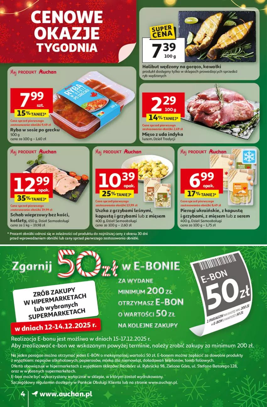 Gazetka promocyjna Auchan - Gazetka Święta jak babcię kocham Supermarket Auchan - ważna 11.12 do 17.12.2025 - strona 4 - produkty: Halibut, Kapustą, Kawa, Kotlet, Mięso, Pierogi, Ryba, Schab wieprzowy, Ser, Sos