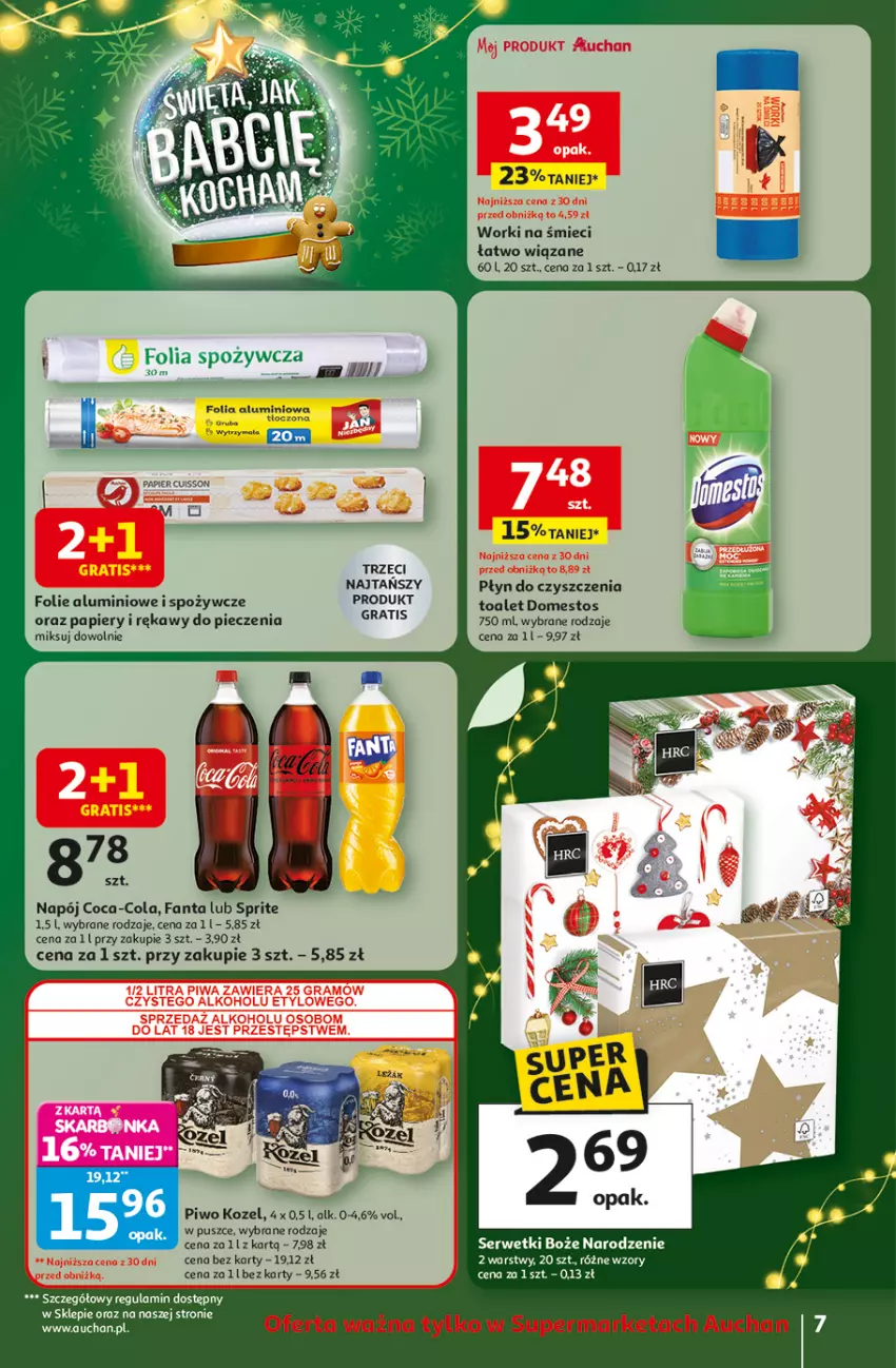 Gazetka promocyjna Auchan - Gazetka Święta jak babcię kocham Supermarket Auchan - ważna 11.12 do 17.12.2025 - strona 7 - produkty: Coca-Cola, Domestos, Fa, Fanta, Kozel, Mus, Napój, Papier, Piec, Piwo, Ser, Serwetki, Sprite, Worki na śmiec, Worki na śmieci