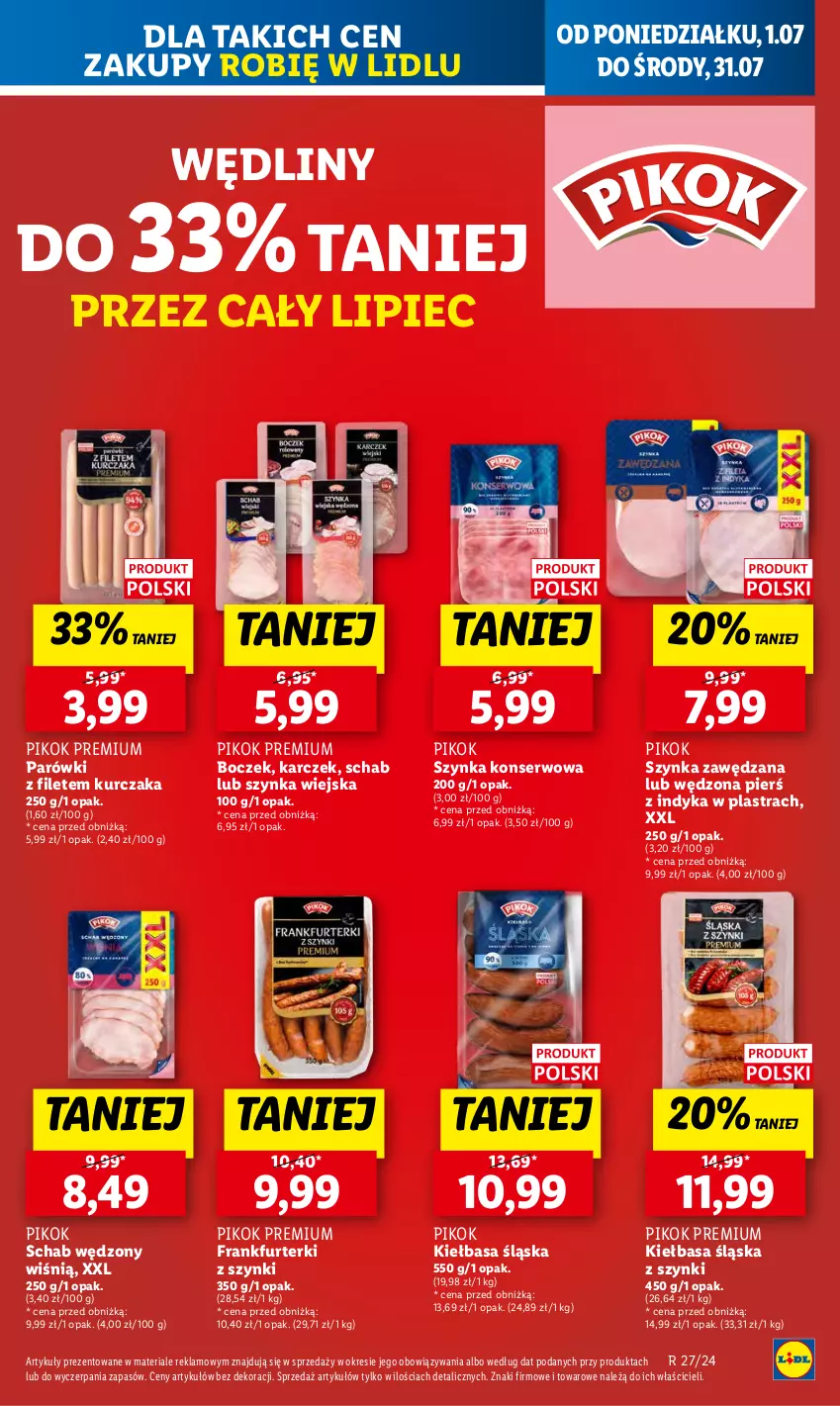 Gazetka promocyjna Lidl - GAZETKA - ważna 01.07 do 03.07.2024 - strona 11 - produkty: Boczek, Frankfurterki, Kiełbasa, Kiełbasa śląska, Kurczak, Parówki, Piec, PIKOK, Ser, Szynka, Szynka konserwowa