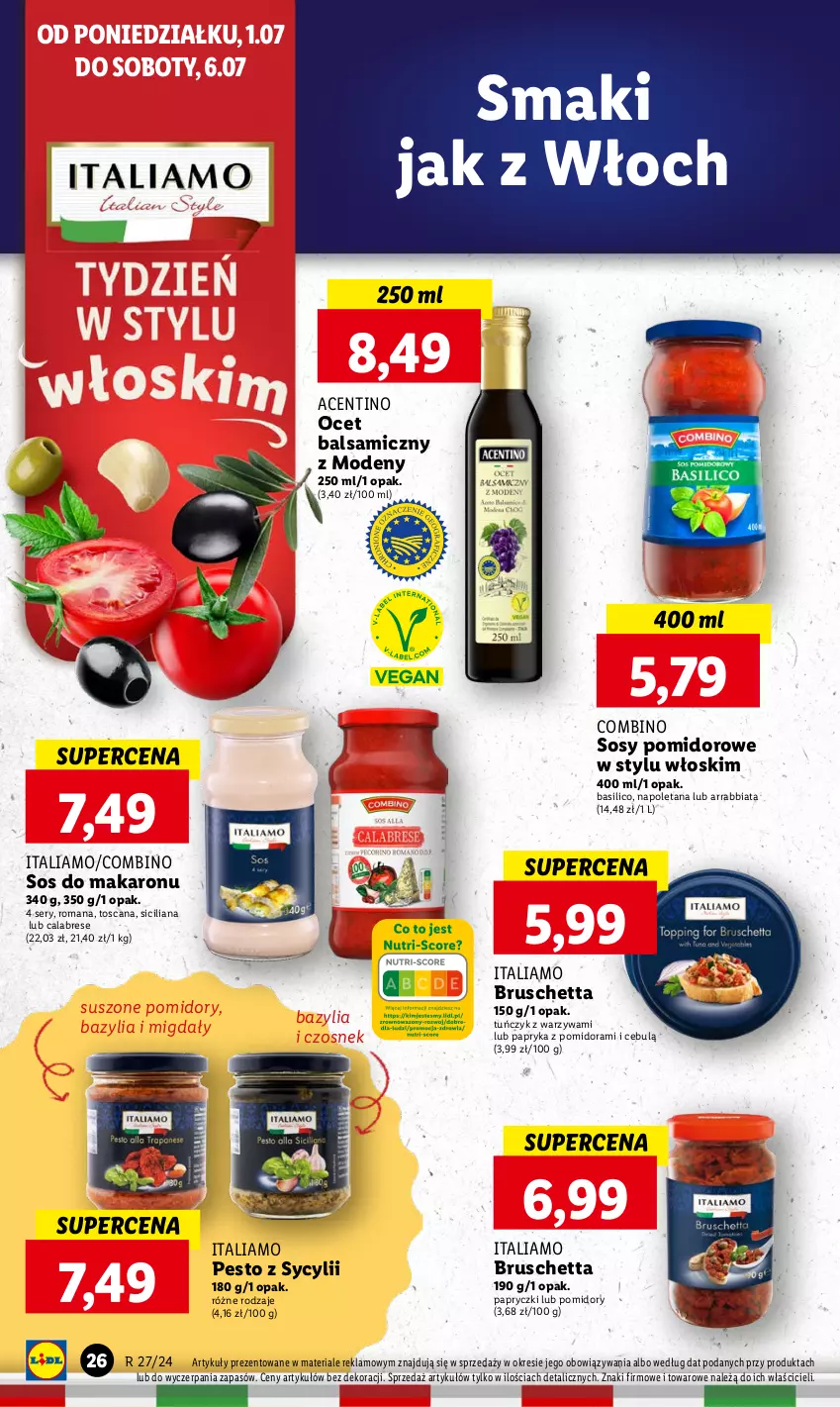 Gazetka promocyjna Lidl - GAZETKA - ważna 01.07 do 03.07.2024 - strona 30 - produkty: Bazyl, Bazylia, Czosnek, Makaron, Migdały, Ocet, Ocet balsamiczny, Papryka, Pesto, Pomidory, Ser, Sos, Sos do makaronu, Suszone pomidory, Tuńczyk, Warzywa