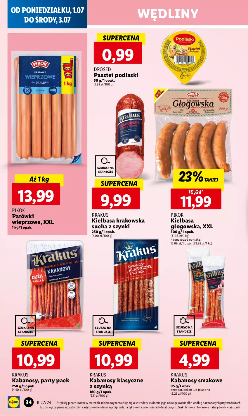 Gazetka promocyjna Lidl - GAZETKA - ważna 01.07 do 03.07.2024 - strona 40 - produkty: Beko, Cheddar, Kabanos, Kiełbasa, Kiełbasa głogowska, Kiełbasa krakowska, Krakus, Parówki, Pasztet, PIKOK, Podlaski