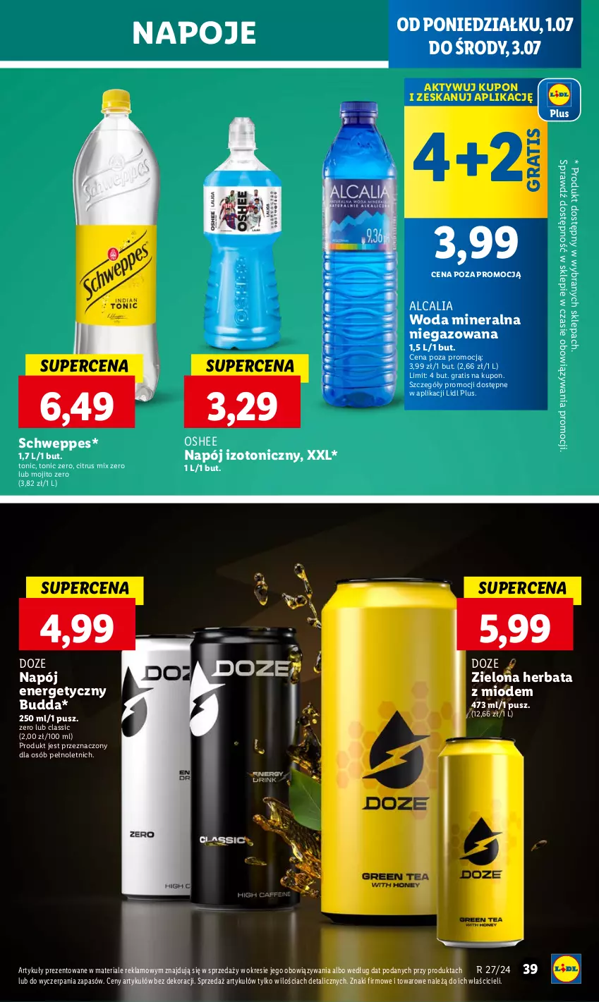 Gazetka promocyjna Lidl - GAZETKA - ważna 01.07 do 03.07.2024 - strona 45 - produkty: Gra, Herbata, Napój, Napój energetyczny, Napój izotoniczny, Napoje, Oshee, Schweppes, Woda, Woda mineralna