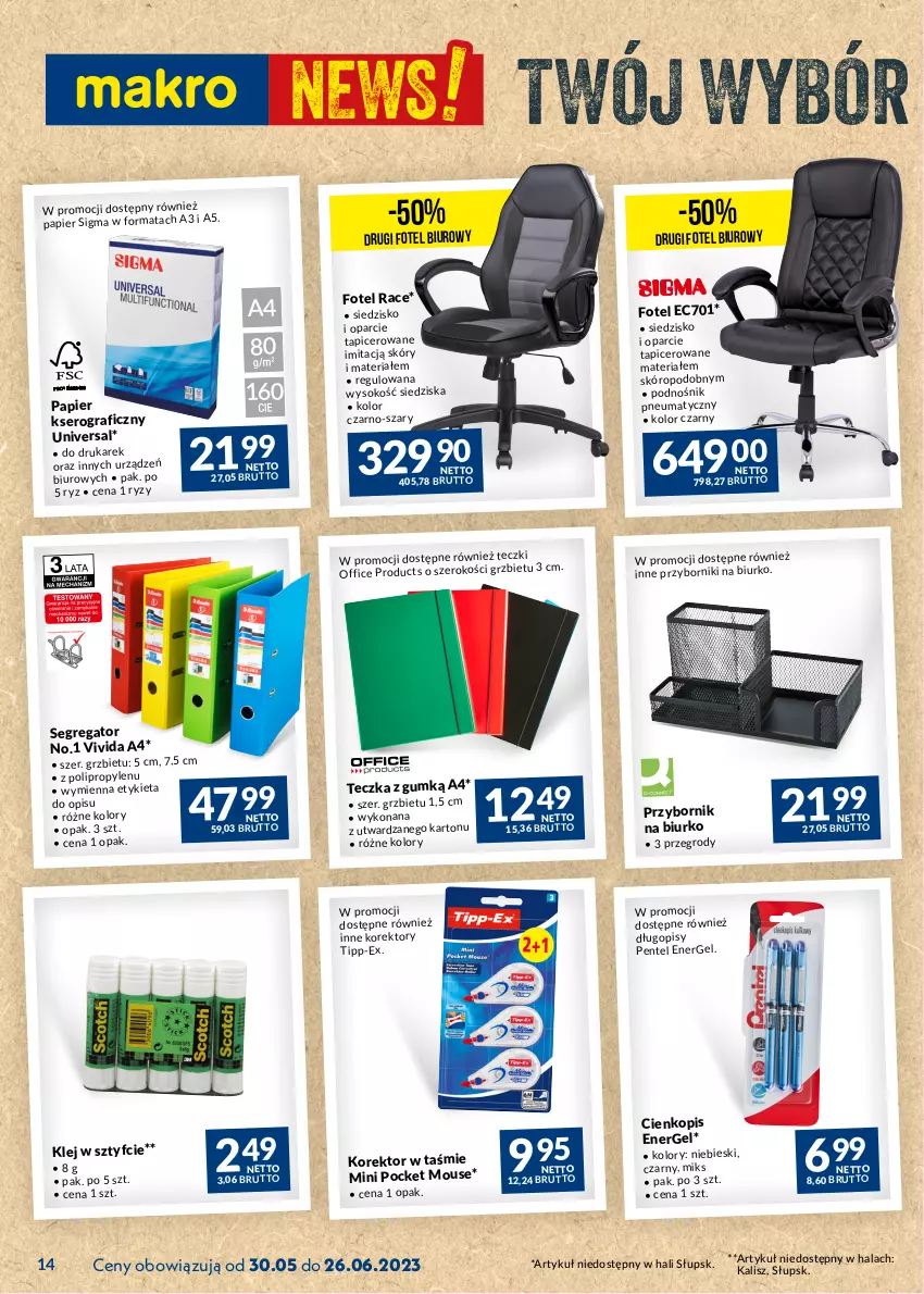 Gazetka promocyjna Makro - Najlepsze oferty - ważna 30.05 do 26.06.2023 - strona 14 - produkty: Biurko, Biuro, Długopis, Fotel, Gra, Klej, Papier, Ser, Siedzisko, Sok