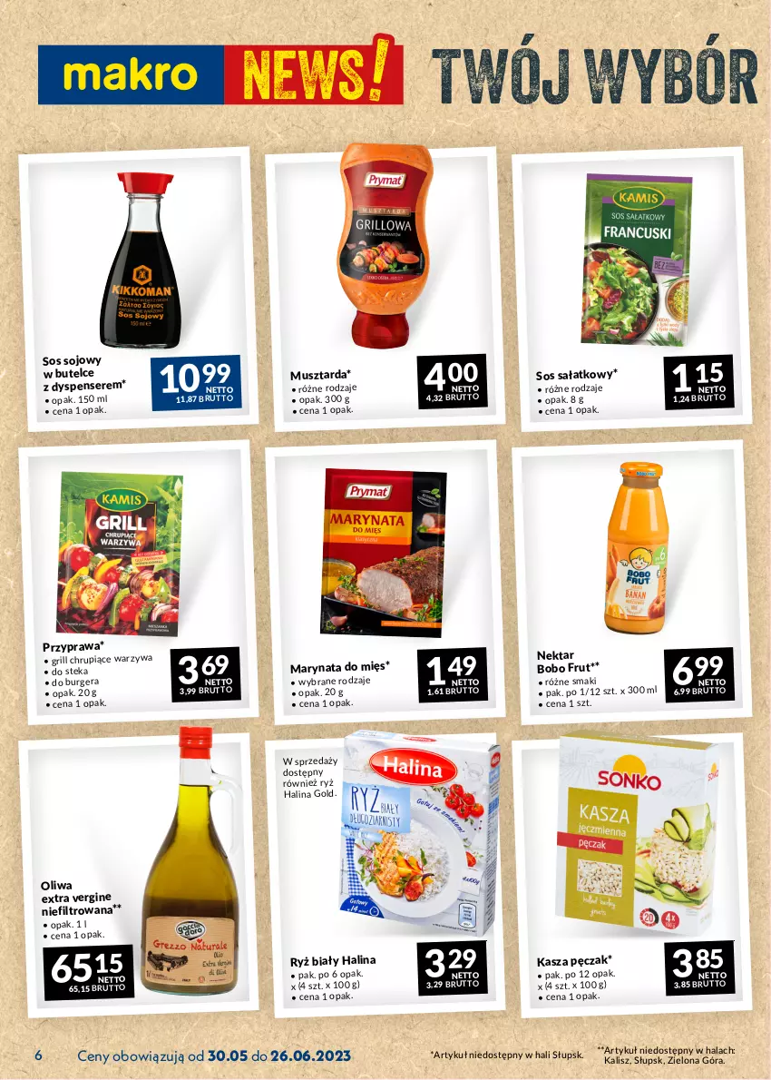 Gazetka promocyjna Makro - Najlepsze oferty - ważna 30.05 do 26.06.2023 - strona 6 - produkty: Burger, Gin, Grill, Kasza, Mus, Musztarda, Nektar, Ryż, Sałat, Ser, Sos, Sos sojowy, Stek