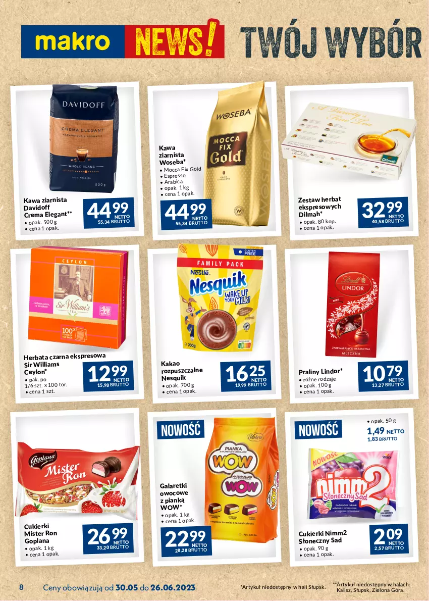 Gazetka promocyjna Makro - Najlepsze oferty - ważna 30.05 do 26.06.2023 - strona 8 - produkty: BIC, Cukier, Cukierki, Davidoff, Dilmah, Gala, Galaretki, Goplana, Herbata, Herbata czarna, Iams, Kakao, Kawa, Kawa ziarnista, LANA, Lindor, Nesquik, Nimm2, Praliny, Woseba