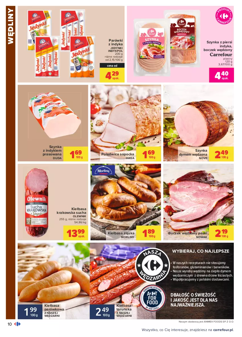 Gazetka promocyjna Carrefour - Gazetka Carrefour - ważna 14.06 do 27.06.2021 - strona 10 - produkty: Boczek, Duda, Kiełbasa, Kiełbasa krakowska, Kiełbasa śląska, Morliny, NOWAK, Olewnik, Parówki, Parówki z indyka, Polędwica, Szynka