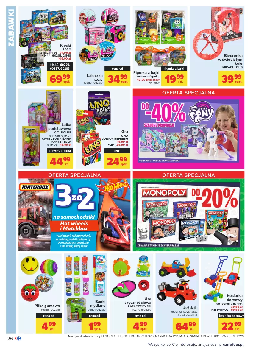 Gazetka promocyjna Carrefour - Gazetka Carrefour - ważna 14.06 do 27.06.2021 - strona 26 - produkty: Chodzik, Dron, Gra, Hasbro, Hot Wheels, Klocki, Kosiarka, L.O.L., Lalka, LEGO, Mattel, Parka, Piżama, Psi Patrol, Samochodziki, Straż pożarna