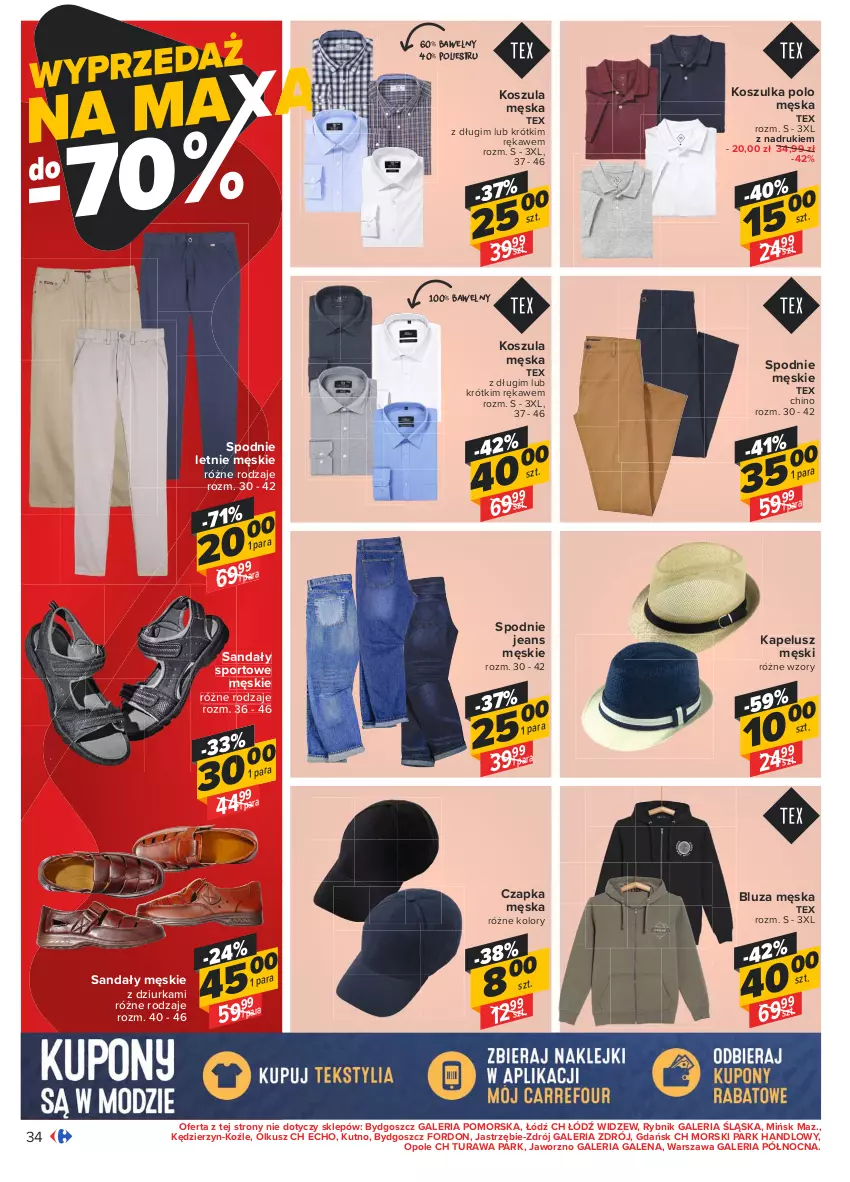 Gazetka promocyjna Carrefour - Gazetka Carrefour - ważna 14.06 do 27.06.2021 - strona 34 - produkty: Bluza, Czapka, Kosz, Koszula, Koszulka, Por, Sandał, Spodnie, Spodnie jeans, Sport