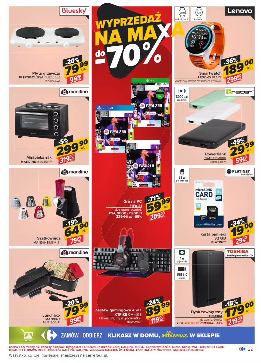 Gazetka promocyjna Carrefour - Gazetka Carrefour - ważna 14.06 do 27.06.2021 - strona 39 - produkty: Acer, Fa, FIFA 21, Gra, Gra na pc, HP, Karta pamięci, Klawiatura, Krokomierz, Lenovo, Minipiekarnik, Mysz, Piekarnik, PLATINET, Płyta, Podkład, Podkładka, Por, Powerbank, Słuchawki, Smartwatch, Szatkownica, Toshiba, Xbox