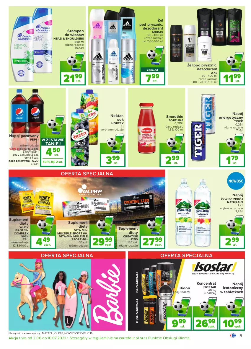 Gazetka promocyjna Carrefour - Gazetka Carrefour - ważna 14.06 do 27.06.2021 - strona 5 - produkty: Adidas, Dezodorant, Fortuna, Hortex, Kosz, Mattel, Napój, Napój energetyczny, Napój gazowany, Napój izotoniczny, Nektar, Pepsi, Por, Smoothie, Sok, Sos, Sport, Suplement diety, Szampon, Tablet, Tiger, Vita-Min