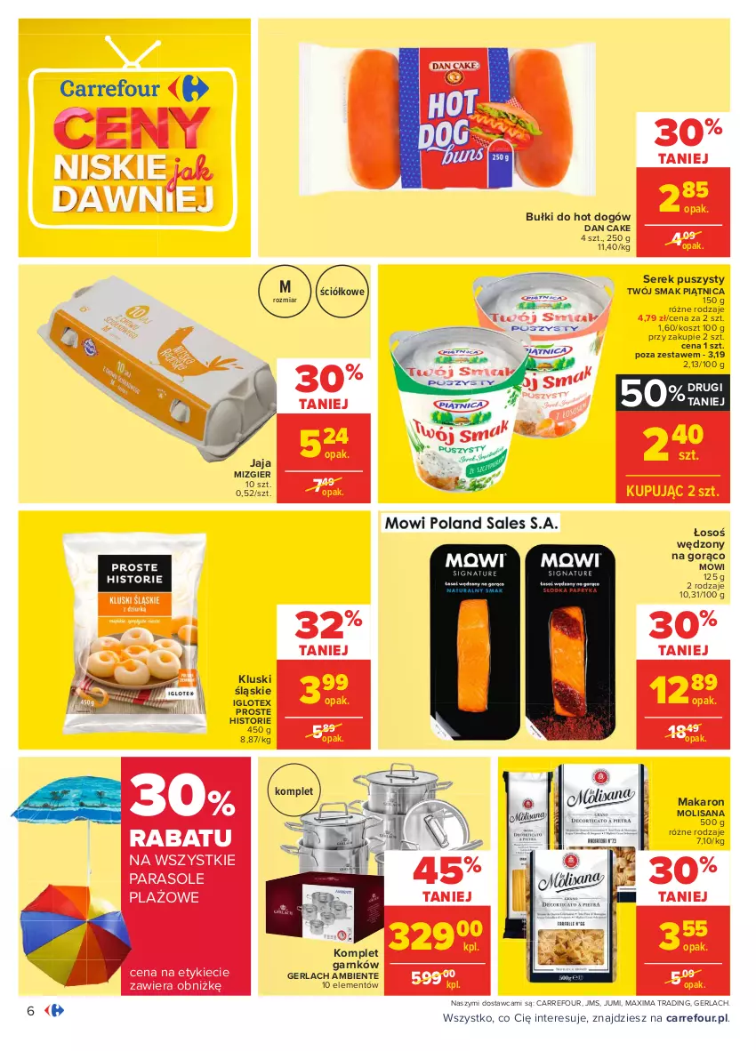 Gazetka promocyjna Carrefour - Gazetka Carrefour - ważna 14.06 do 27.06.2021 - strona 6 - produkty: Bułki do hot dogów, Dan Cake, Hot dog, Isana, Jaja, Kosz, Makaron, Parasol, Piątnica, Ser, Serek, Serek puszysty, Twój Smak