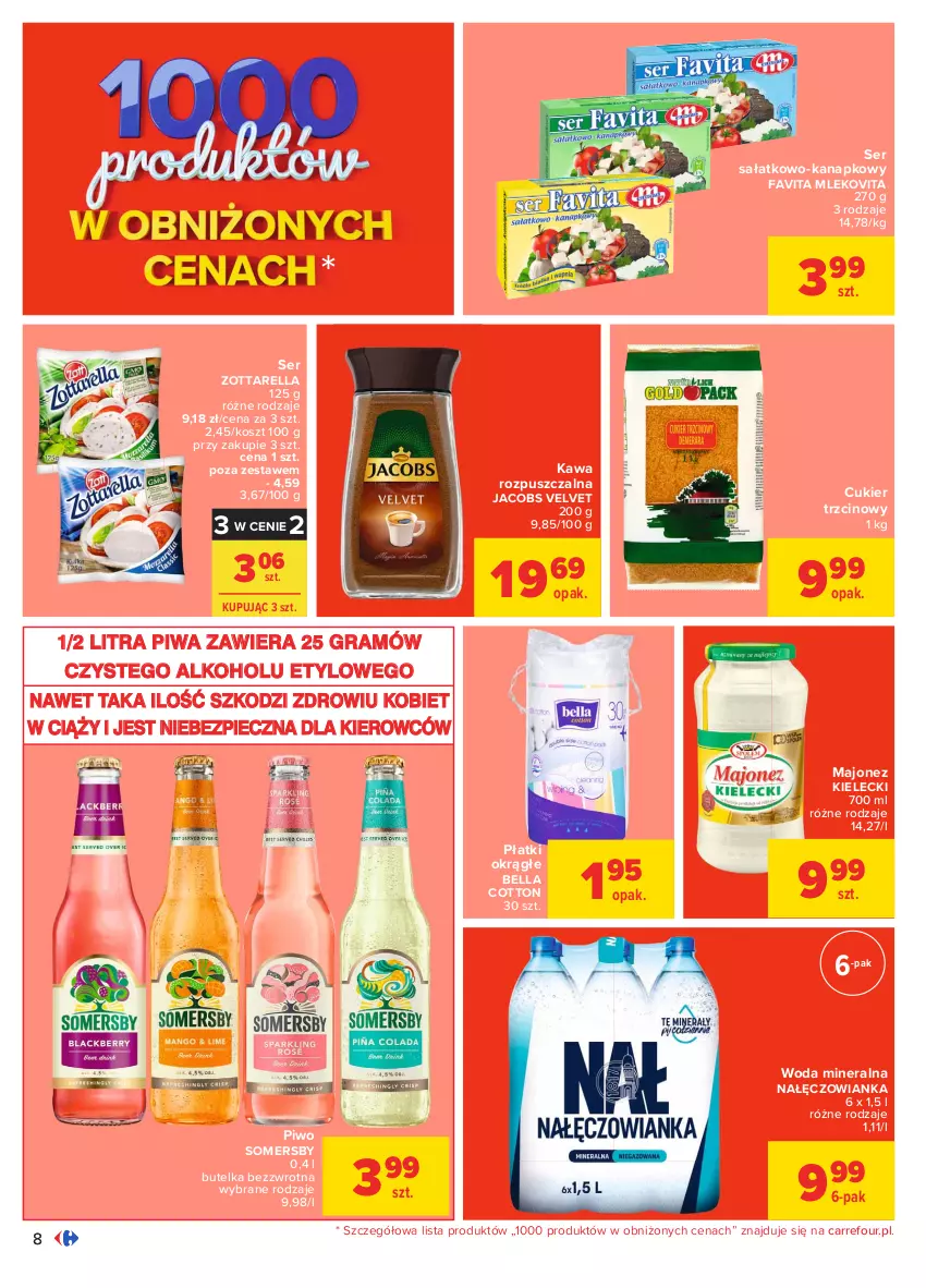 Gazetka promocyjna Carrefour - Gazetka Carrefour - ważna 14.06 do 27.06.2021 - strona 8 - produkty: Bell, Bella, Cukier, Cukier trzcinowy, Fa, Favita, Gra, Jacobs, Jacobs Velvet, Kawa, Kawa rozpuszczalna, Kosz, Majonez, Mleko, Mlekovita, Nałęczowianka, Piec, Piwa, Piwo, Sałat, Ser, Ser sałatkowo-kanapkowy, Somersby, Velvet, Woda, Woda mineralna, Zott, Zottarella