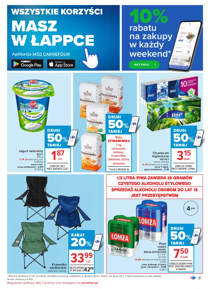 Gazetka promocyjna Carrefour - Gazetka Carrefour - ważna 14.06 do 27.06.2021 - strona 9 - produkty: Chleb, Chusteczki, Gra, Jogurt, Jogurt naturalny, Mąka, Piwa, Piwo, Velvet, Zott