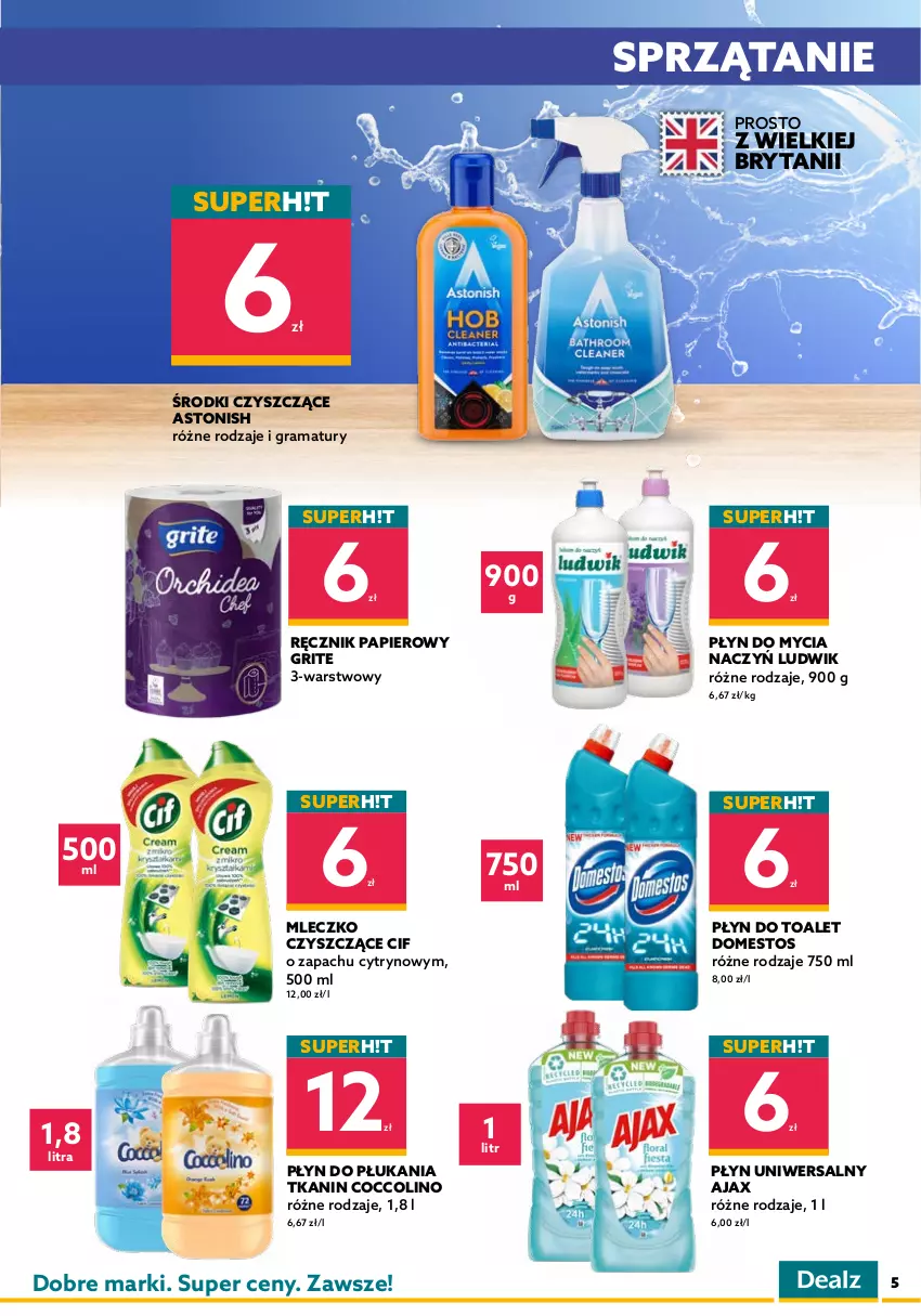 Gazetka promocyjna Dealz - WIELKIE OTWARCIE 17.06.2022 🥳Gubin, Galeria Hosso - ważna 17.06 do 30.06.2022 - strona 5 - produkty: Ajax, Aquafresh, Cif, Coccolino, Do mycia naczyń, Domestos, Dove, Gillette, Gra, Klej, Kostka myjąca, Ludwik, Mleczko, Mydło, Mydło w płynie, Odżywka, Olej, Papier, Pasta do zębów, Pianka do golenia, Płatki kosmetyczne, Płyn do mycia, Płyn do mycia naczyń, Płyn do płukania, Pur, Rama, Ręcznik, Sprzątanie, Szampon, Sztuczne rzęsy