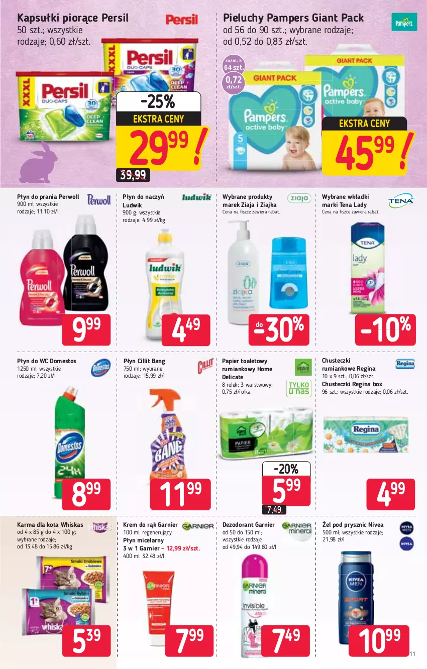 Gazetka promocyjna Stokrotka - Market - ważna 18.03 do 24.03.2021 - strona 11 - produkty: Chusteczki, Cillit Bang, Dezodorant, Domestos, Garnier, Gin, Krem do rąk, Ludwik, Nivea, Pampers, Papier, Papier toaletowy, Persil, Perwoll, Pieluchy, Płyn do prania, Płyn do wc, Płyn micelarny, Rum, Whiskas, Wkładki, Ziaja, Ziajka