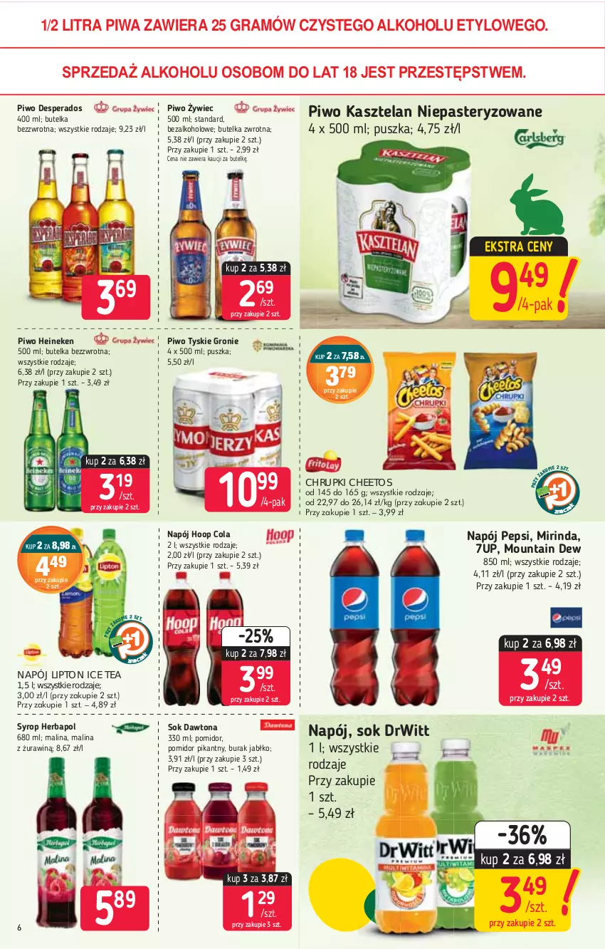 Gazetka promocyjna Stokrotka - Market - ważna 18.03 do 24.03.2021 - strona 6 - produkty: 7up, Cheetos, Chrupki, Dawtona, Desperados, Gra, Heineken, Herbapol, Hoop, Ice tea, Kasztelan, Lipton, Mirinda, Napój, Pepsi, Piwa, Piwo, Sok, Syrop, Tyskie