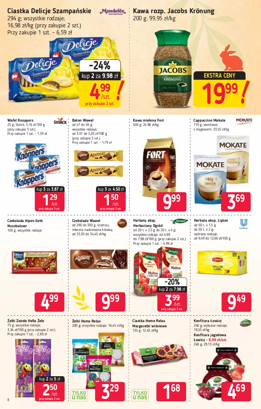 Gazetka promocyjna Stokrotka - Market - ważna 18.03 do 24.03.2021 - strona 8 - produkty: Baton, Cappuccino, Ciastka, Czekolada, Delicje, Herbata, Jacobs, Jacobs Krönung, Kawa, Kawa mielona, Knoppers, Lipton, Magnez, Ogród, Ser, Wawel