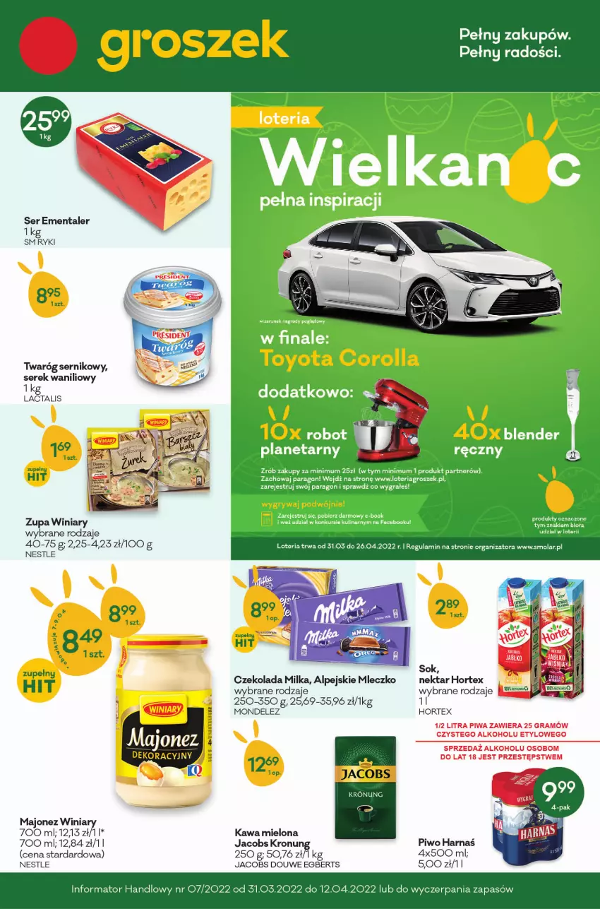 Gazetka promocyjna Groszek - ważna 17.03 do 29.03.2022 - strona 1 - produkty: Czekolada, Ementaler, Gra, Harnaś, Hortex, Jacobs, Kawa, Kawa mielona, Majonez, Milka, Mleczko, Nektar, Piwa, Piwo, Ser, Serek, Sok, Twaróg, Winiary, Zupa