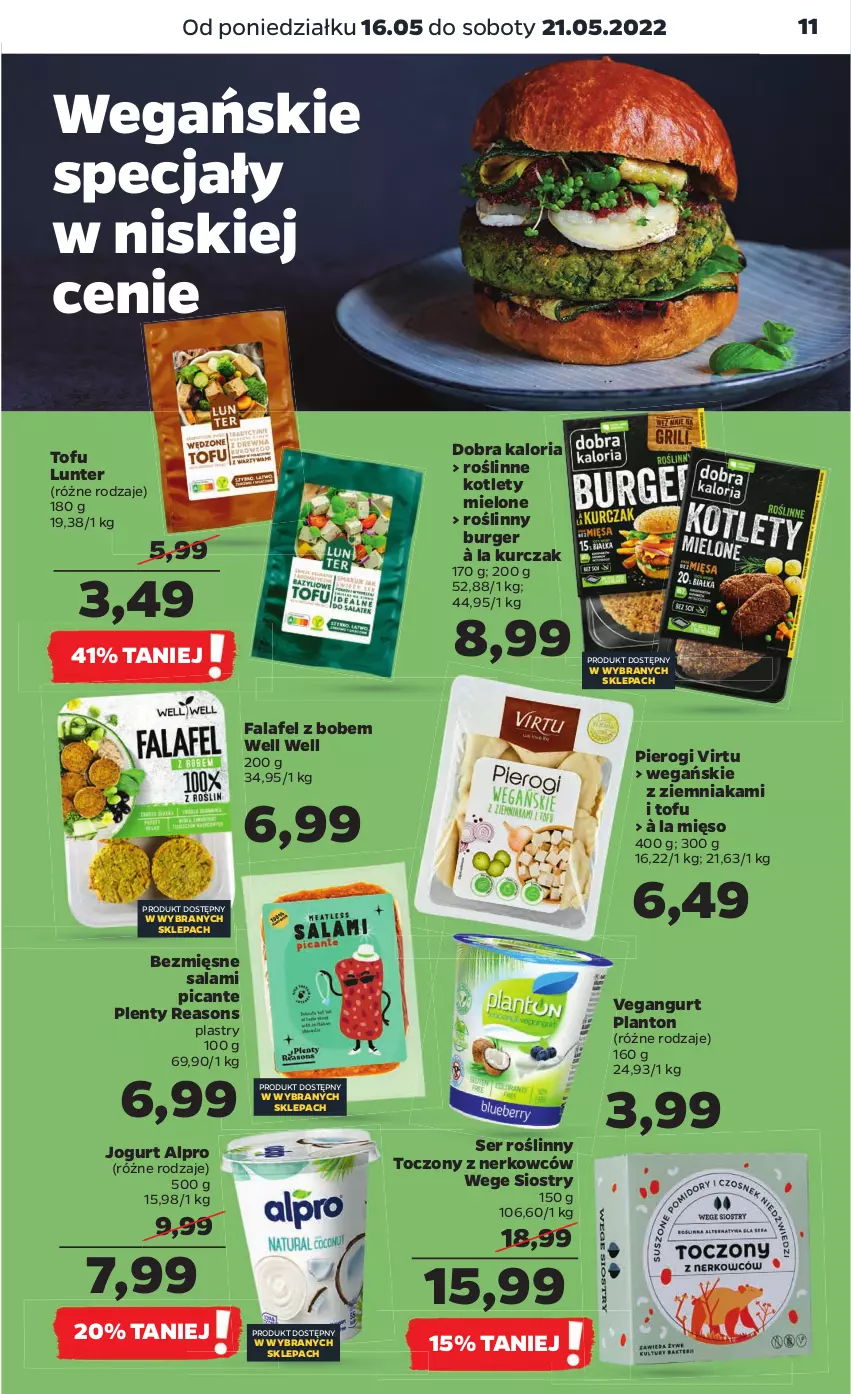 Gazetka promocyjna Netto - Gazetka spożywcza - ważna 16.05 do 21.05.2022 - strona 11 - produkty: Alpro, Burger, Fa, Jogurt, Kotlet, Kurczak, Mięso, Pierogi, Roślinny burger, Salami, Ser, Tofu, Vegangurt, Virtu