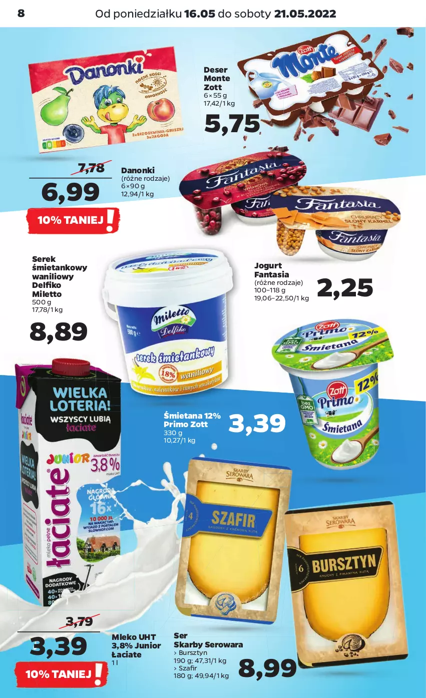 Gazetka promocyjna Netto - Gazetka spożywcza - ważna 16.05 do 21.05.2022 - strona 8 - produkty: Bursztyn, Danonki, Deser, Fa, Fanta, Jogurt, Mleko, Monte, Ser, Serek, Zott