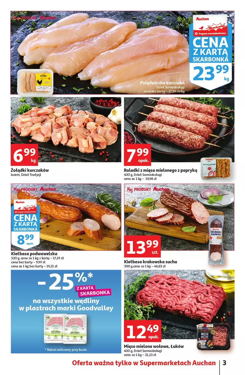 Gazetka promocyjna Auchan - Gazetka Koszyk Oszczędności Auchan Supermarkety - ważna 13.10 do 19.10.2022 - strona 3 - produkty: Kiełbasa, Kiełbasa krakowska, Kurczak, Mięso, Mięso mielone