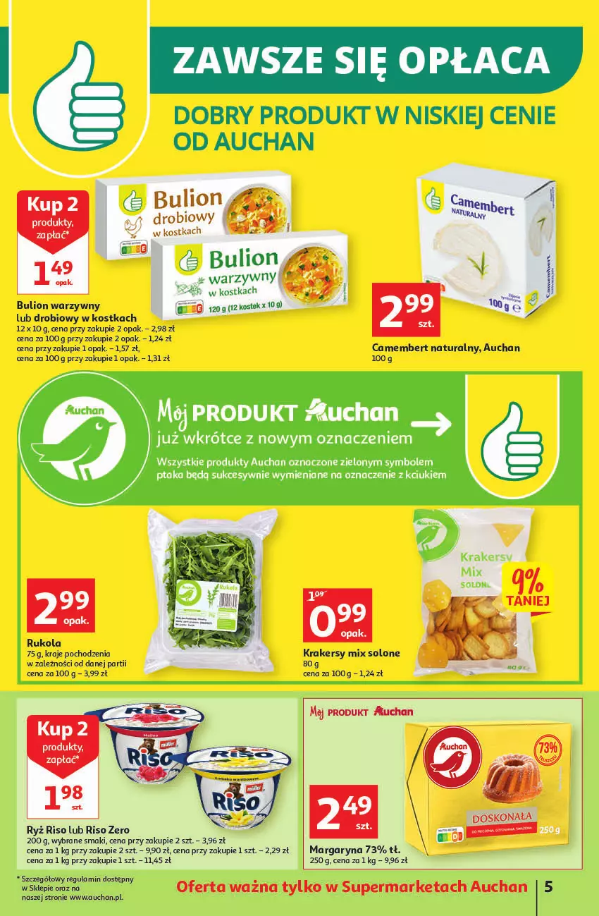 Gazetka promocyjna Auchan - Gazetka Koszyk Oszczędności Auchan Supermarkety - ważna 13.10 do 19.10.2022 - strona 5 - produkty: Bulion, Camembert, Krakersy, Lion, Margaryna, Rukola, Ryż, Stek