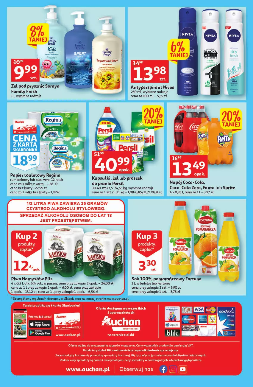 Gazetka promocyjna Auchan - Gazetka Koszyk Oszczędności Auchan Supermarkety - ważna 13.10 do 19.10.2022 - strona 8 - produkty: Antyperspirant, Coca-Cola, Fa, Fanta, Fortuna, Gin, Gra, Namysłów, Napój, Nivea, Papier, Papier toaletowy, Persil, Piwa, Piwo, Rum, Ser, Sok, Sprite, Tera