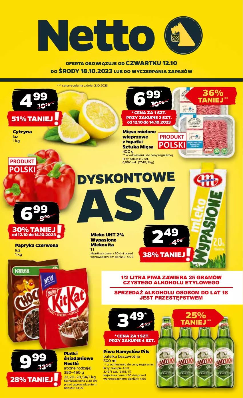 Gazetka promocyjna Netto - Artykuły spożywcze - ważna 12.10 do 18.10.2023 - strona 1 - produkty: Danio, Gra, Mięso, Mięso mielone, Mleko, Mlekovita, Namysłów, Nestlé, Papryka, Papryka czerwona, Piwa, Piwo