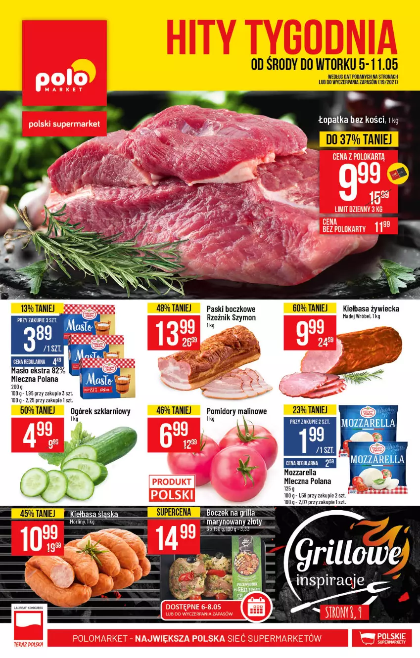 Gazetka promocyjna PoloMarket - Gazetka promocyjna  r - ważna 05.05 do 11.05.2021 - strona 1 - produkty: Boczek, Grill, Kiełbasa, LANA, Laur, Madej Wróbel, Masło, Mozzarella, Ogórek, Pomidory