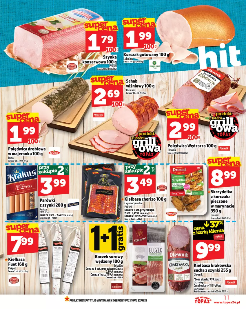 Gazetka promocyjna Topaz - Gazetka - ważna 12.06 do 18.06.2025 - strona 11 - produkty: Boczek, Kiełbasa, Kiełbasa krakowska, Kurczak, Olewnik, Parówki, Pekpol, Piec, Polędwica, Ser, Szynka, Top