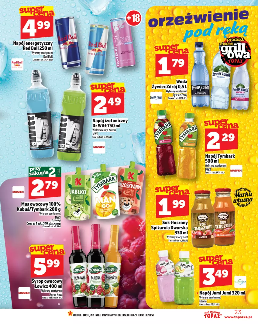 Gazetka promocyjna Topaz - Gazetka - ważna 12.06 do 18.06.2025 - strona 23 - produkty: Kaktus, Kubuś, Mus, Napój, Napój energetyczny, Sok, Top, Tymbark, Woda