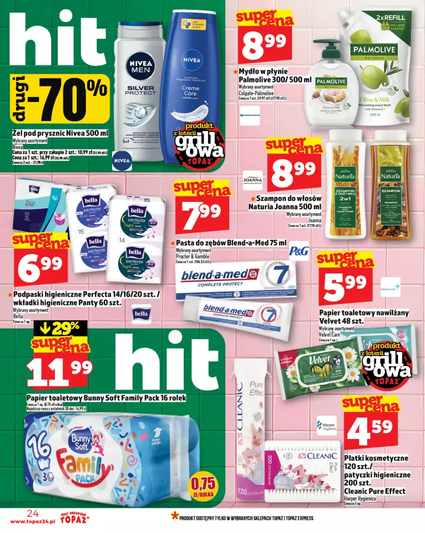 Gazetka promocyjna Topaz - Gazetka - ważna 12.06 do 18.06.2025 - strona 24 - produkty: Blend-a-Med, Cleanic, Colgate, Joanna, LG, Mydło, Mydło w płynie, Palmolive, Papier, Papier toaletowy, Pasta do zębów, Perfecta, Płatki kosmetyczne, Podpaski, Pur, Szampon, Top, Velvet, Wkładki